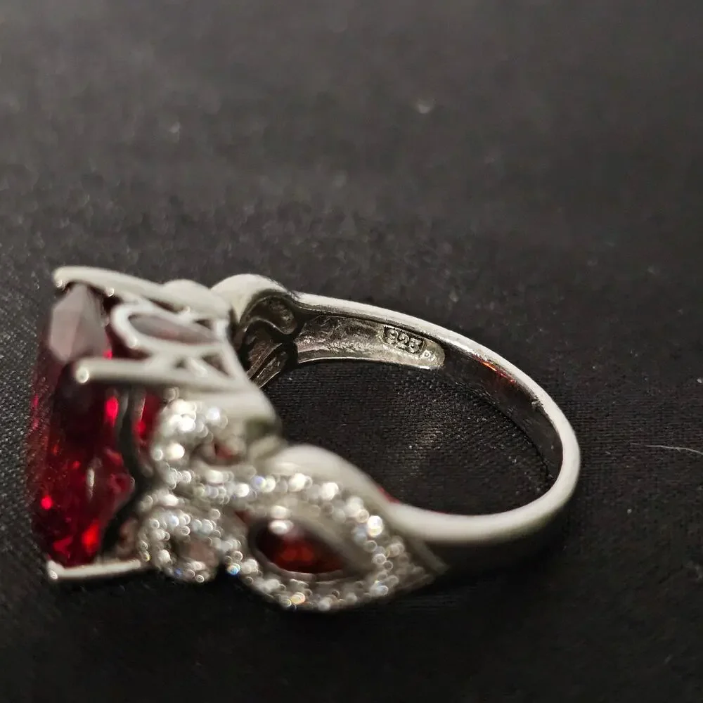 Emerald Cut Sim Garnett Cocktail Ring Rhodium over Sterling Silver Size 9